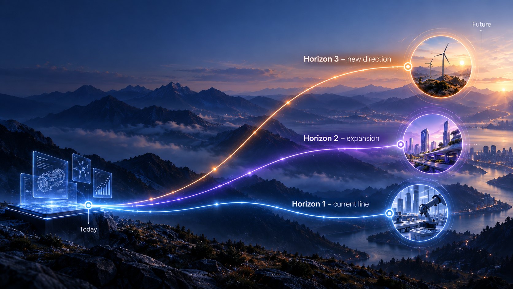 From today's system, three glowing paths lead into the future: horizon 1 current line, horizon 2 expansion, horizon 3 new direction.