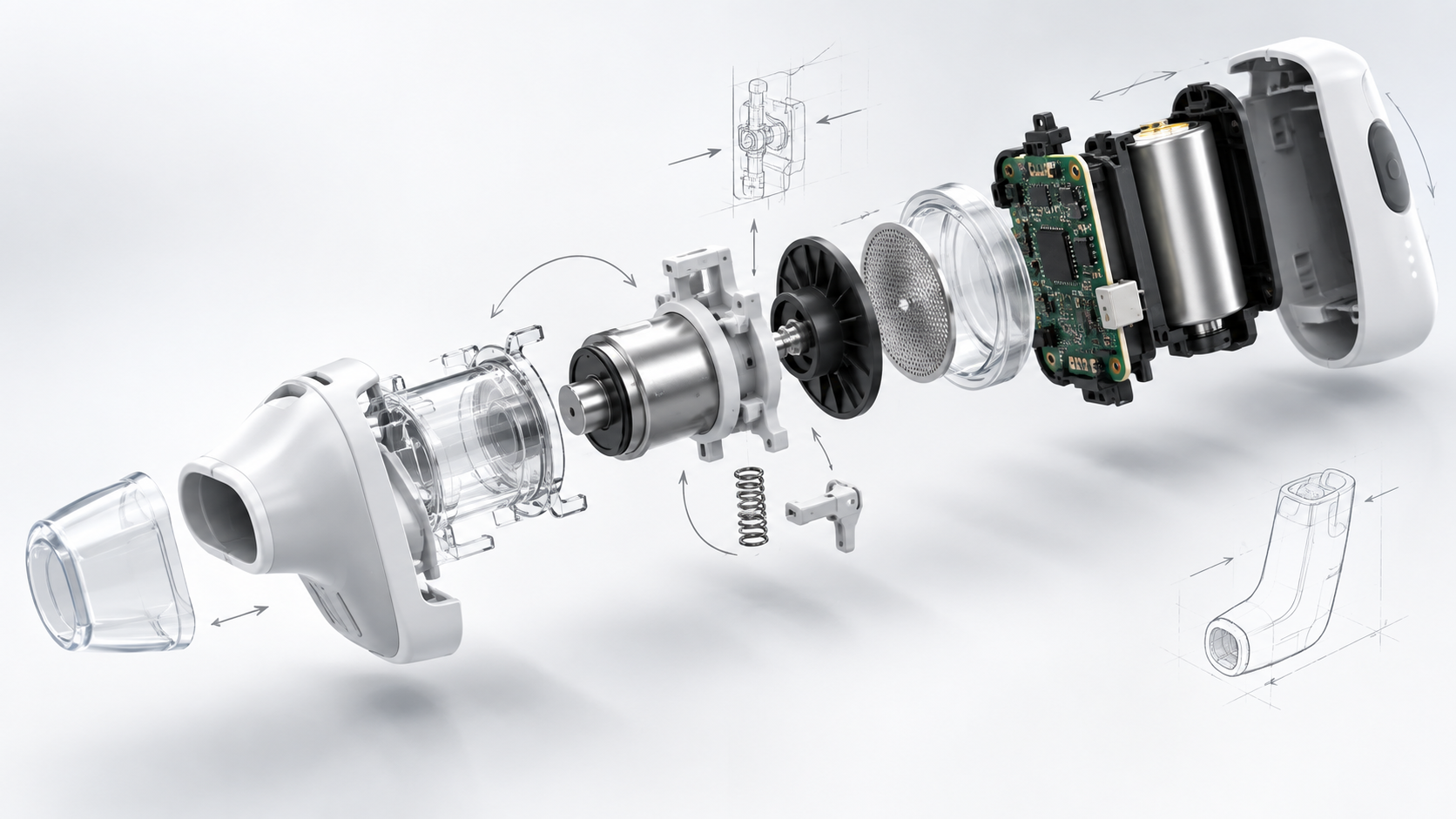 Exploded view of a technical product with mechanical, electronic and housing components.