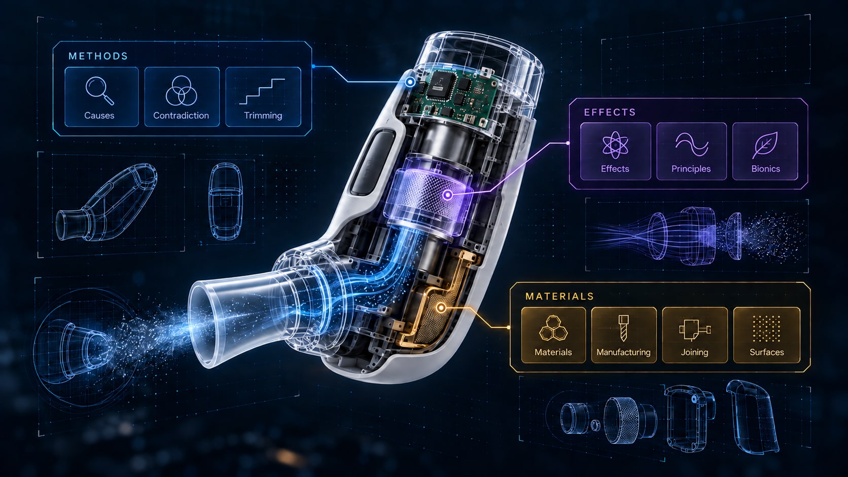 Illustration of a technical product assembly with integrated knowledge elements for methods, effects, and materials.