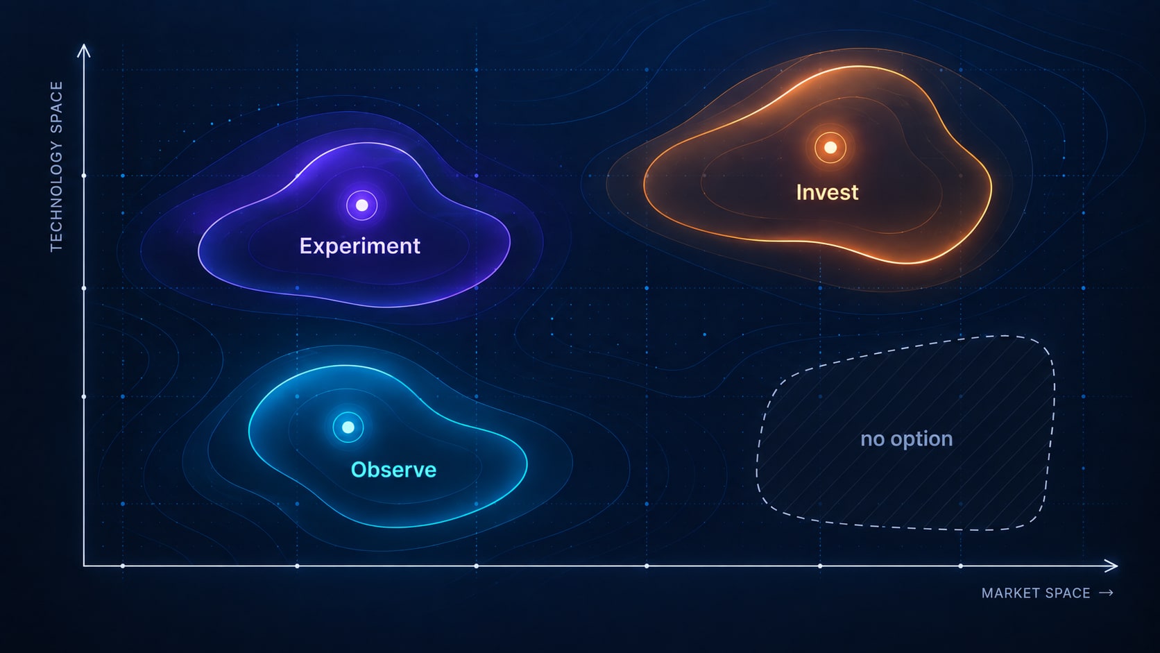Strategic decision landscape with the four states Invest, Experiment, Observe and no option.